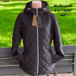 Weatherproof NWT Women’s Black 2-in-1 Jacket Vest Zip off Sleeves Quilted Puffer